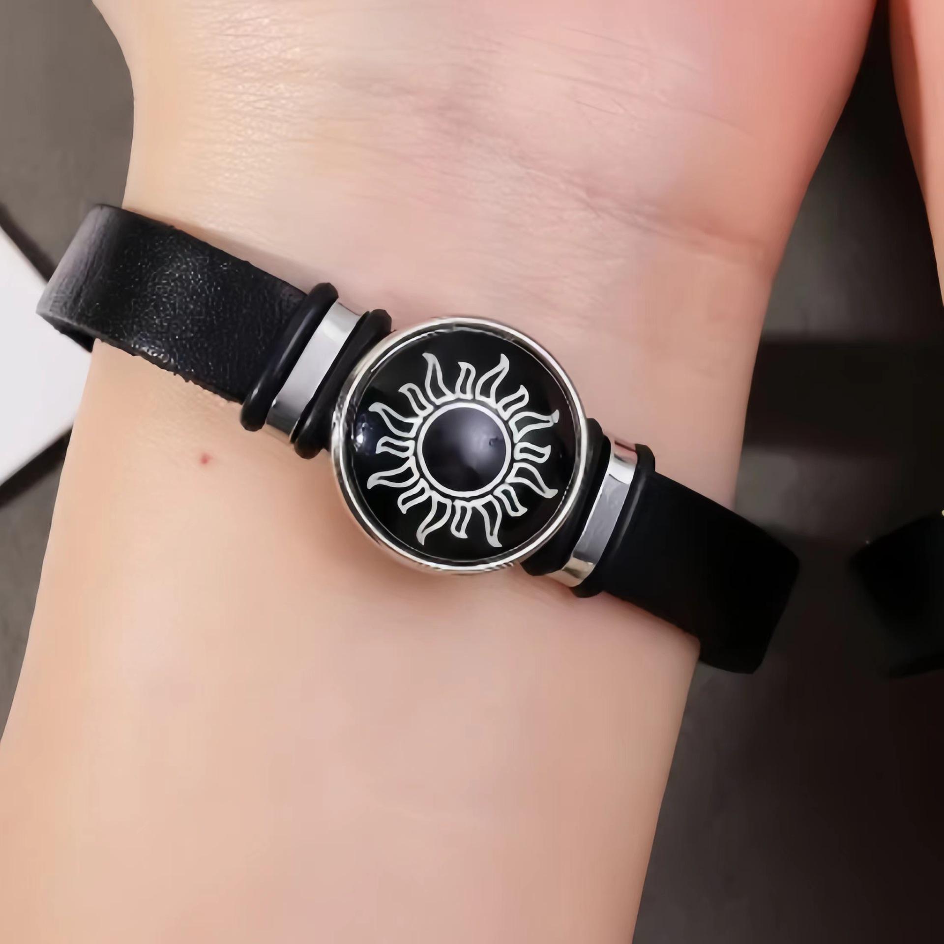 

European Leather Bracelet with Luminous Star, Sun, and Moon Beaded Design