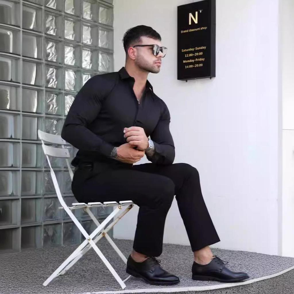 Herrskjorta med smal passform, långärmad stretch - Enfärgad, Business Casual