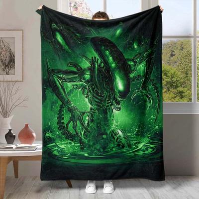 Alien Monster Flannel Blanket – Vibrant Green Art Print – All-Season Cozy Throw – Machine Washable Polyester