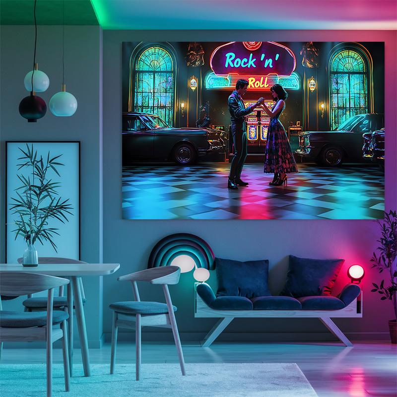 1pc Retro Date Neon Canvas - A Vibrant 80s Party Decoration with a "rock" Logo Background Cloth