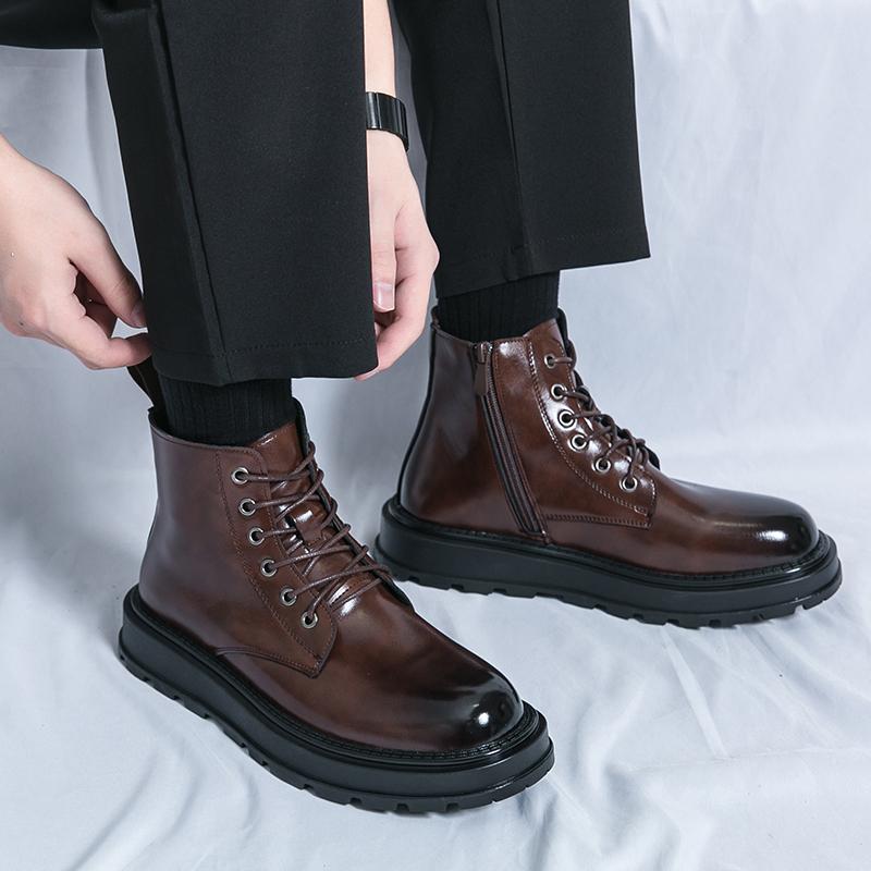 Fashion Business Men Leather Boots Fashion Personality Knight Men Boots Thick Heel Lace Up Classic Chelsea Boots High-top Leather Shoes
