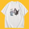 CartoonThemed Pattern TShirt with Cat Working OvertimeStylish  RoundNeck Short Sleeves for SummerCasual Outings Unisex Tops