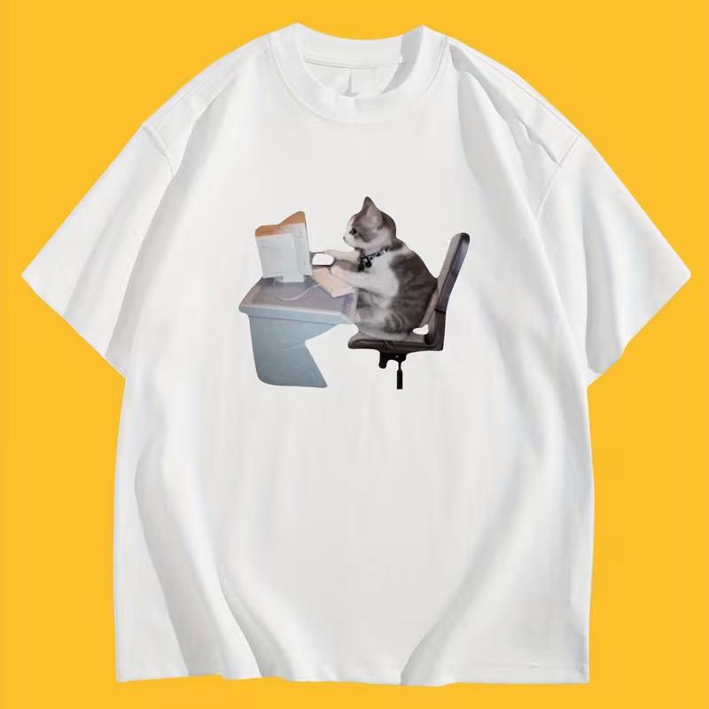 CartoonThemed Pattern TShirt with Cat Working OvertimeStylish RoundNeck Short Sleeves for SummerCasual Outings Unisex Tops