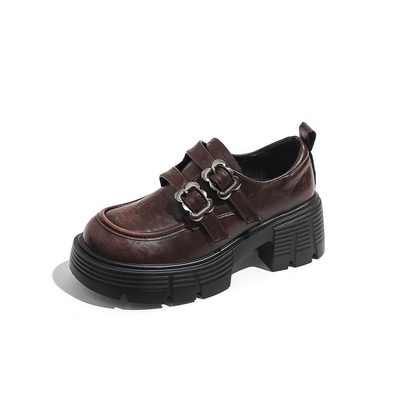 

Женские летние лоферы на платформе, новые, удобные, на мягкой подошве, в британском стиле, с двойной пряжкой, маленькие, увеличивающие рост, на толстом каблуке, из маленькой кожи 40 коричневый