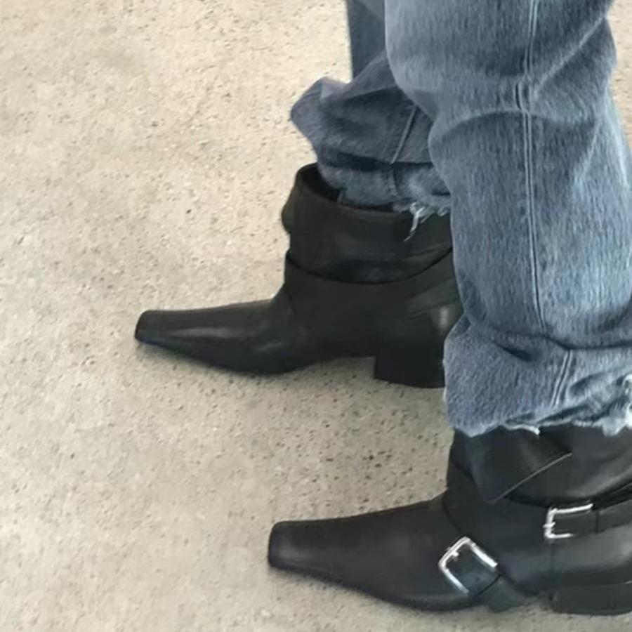 Sheepskin version~ European and American niche string rope tapered heel pointed western cowboy boots stacking boots women's autumn and winter thin sho