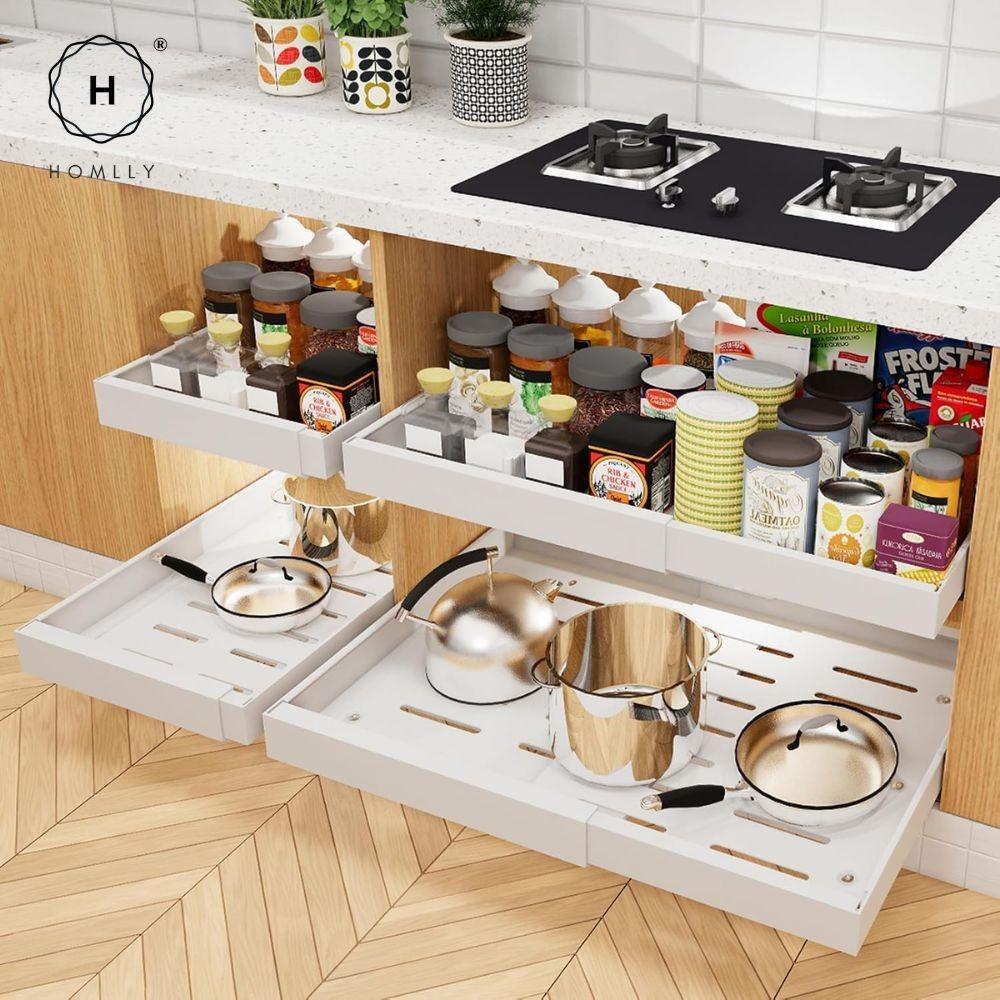 HOMLLY Expandable Roll Out Organizer Drawer for Kitchen Cabinet Pantry or Bathroom Storage (Width 32-68 Cm)