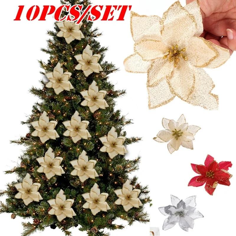 10PCS Christmas Tree Ornaments Flowers Artificial for Home DIY Christmas Tree Pendant Wedding Xmas Party New Year Decorations