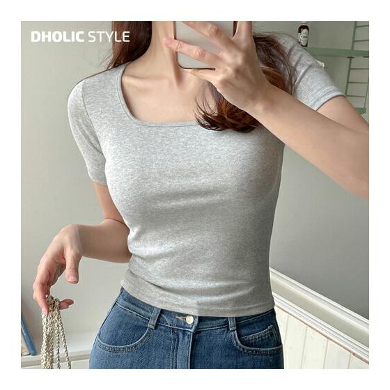 Square Neck Short Sleeve T-Shirt/p652939 Women s [Tops] Tops T-Shirt Short Sleeve Cropped Square Neck Slim Tight Modal Blend Plain Innerwear Simple