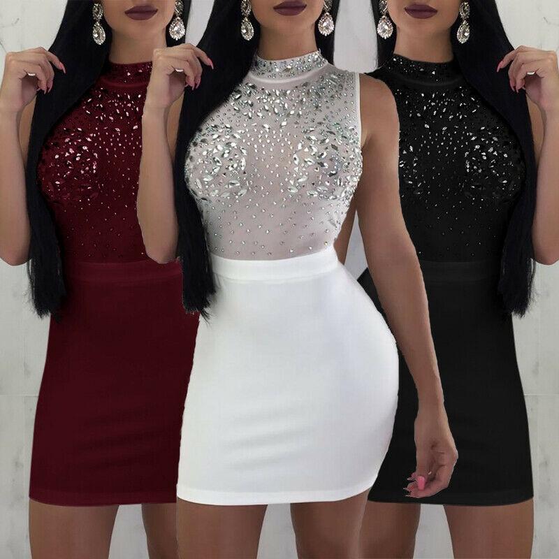 Elegant Sexy Shiny Women's Bodycon Dress With Diamond O Neck For Evening Embroidery