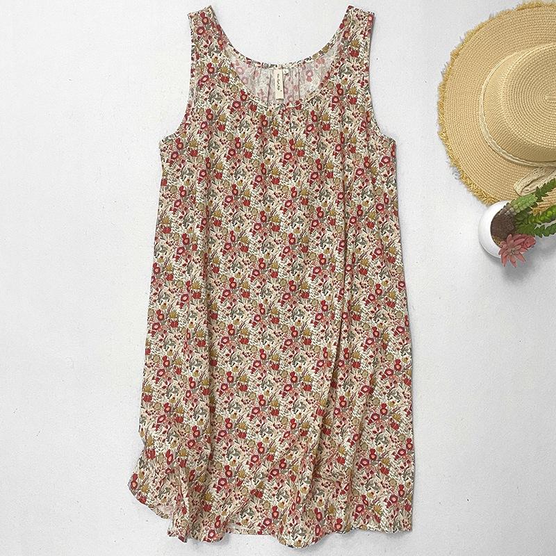 

2025 лето новый цветочный хлопковый круглый вырез без рукавов свободный ретро средней и длинной нижней юбки жилет юбка женская 2XL