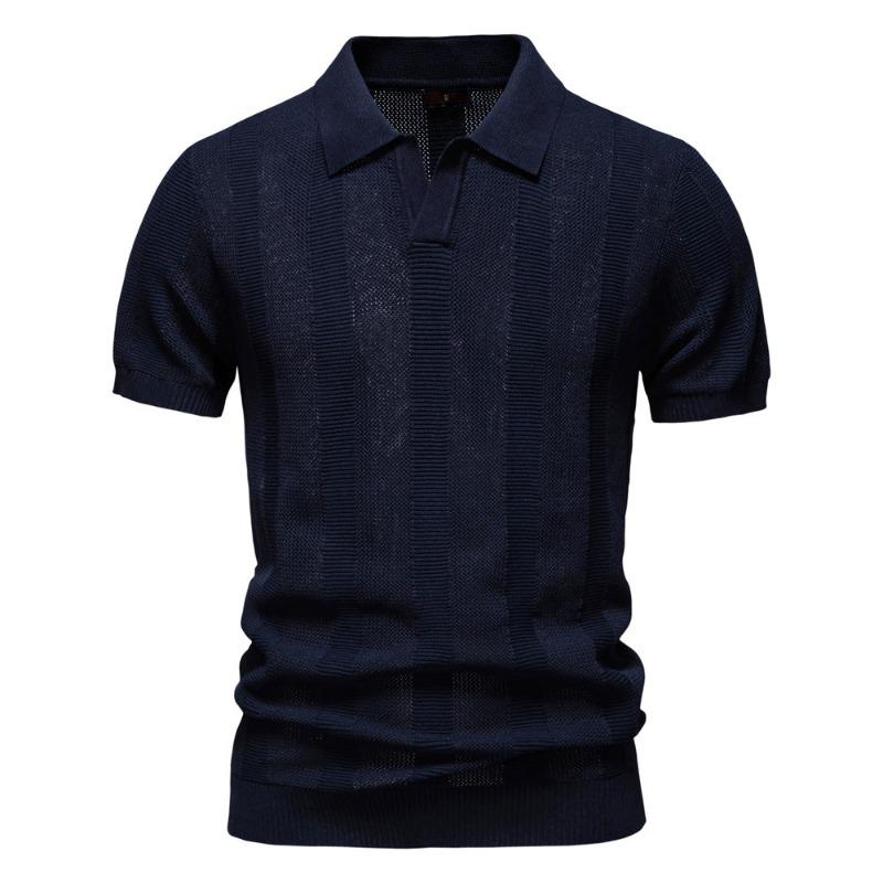 Men S Short Sleeve Striped Hollow Out Polo Shirt