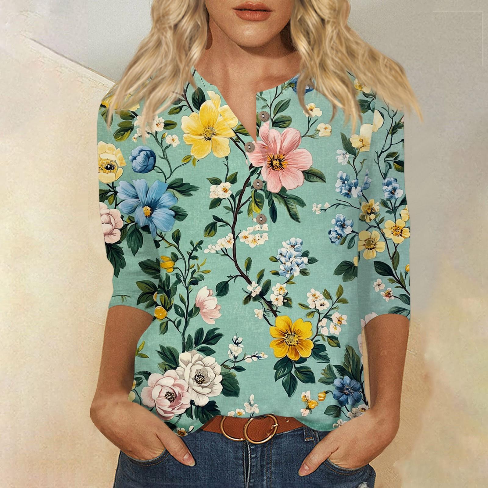 

Женский свободный повседневный топ с рукавом семь четвертей и цветочным принтом с круглым вырезом на пуговицах XL