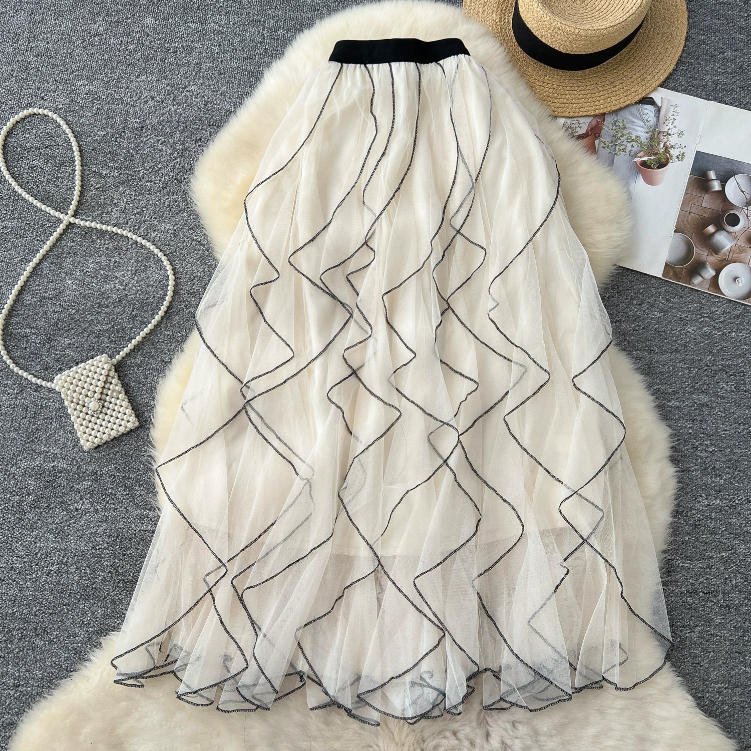 

Летняя женская юбка-миди из сетки с французским элегантным волнистым узором и оборками One Size абрикосовый