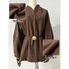 Women Brown Waisted V Neck Long Sleeve Casual Woolen Coat