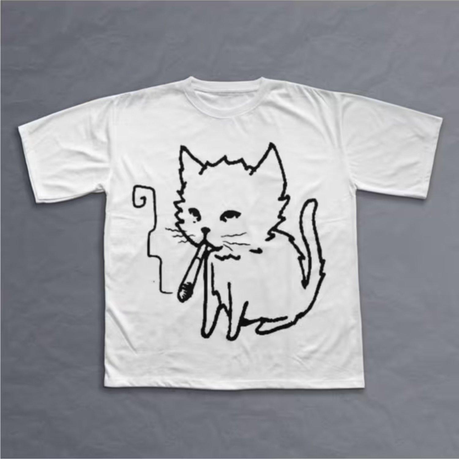 Retro Y2k Unisexs TShirt With Smoking Cat Print Soft And Loose Streetwear TShirt With Vintage Black And White Smoking Cat Print M