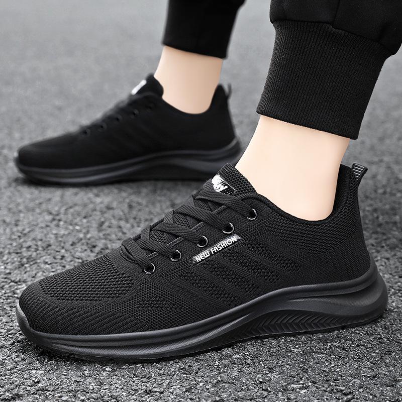 Men's Versatile Pure Black Breathable Sports Shoes - Casual Summer Footwear
