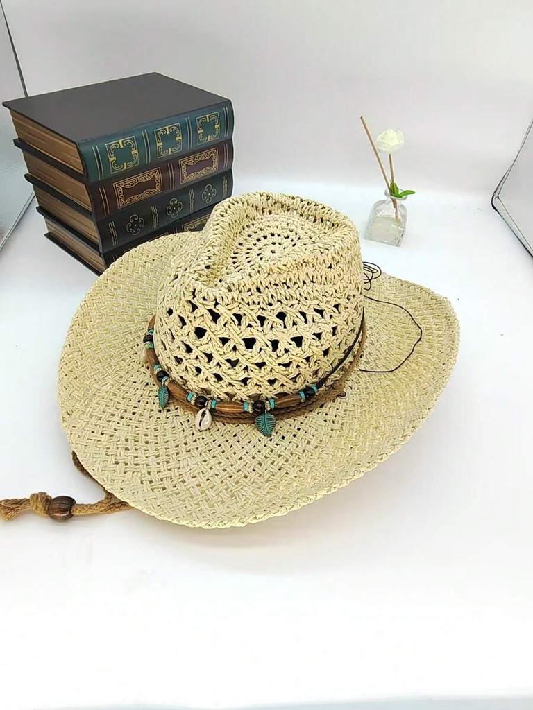 Boho Shell Hollow Out Straw Sun Hat Western Cowgirl Beach Hat For Vacation Photo Shoot
