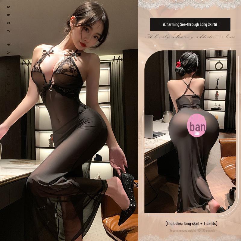 Enchanting Purple Lace Mesh See-Through Long Skirt Lingerie - Sexy Nightdress with Tempting Cleavage Design