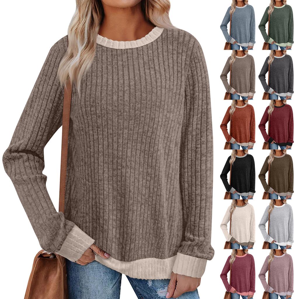 Women's Winter Color-Block Printed Lightweight Brushed-Cotton Round Neck Top