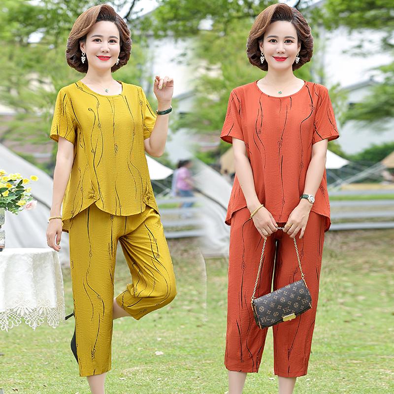 Middle-aged Women Clothing Summer 2 Piece Sets Women's Short Sleeve T-shirt and Harem Pants Loose Woman Suit