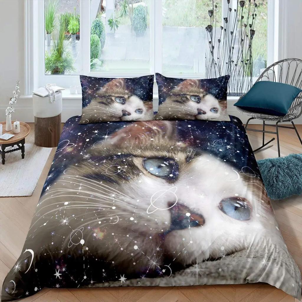 Galaxy Cat Duvet Cover Universe Galaxy for Kids Boy Girl Cute Kitten Printed Outer Space Planets Quilt Cover Bedroom Decorations