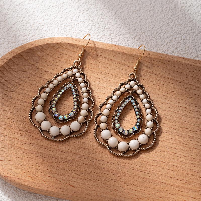 Vintage Ethnic Style Hollow Stud Earrings Female Geometry Drop-Shaped Turquoise Earrings Bohemian Vacation Wind Ear Jewelry