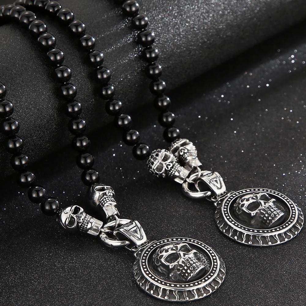 Collana con Pendente Teschio Faccia Testa Steampunk CZ da Uomo Larghezza 8MM Lunghezza 50CM Catena di Perline in Pietra Agata Gioielli in Acciaio Inossidabile