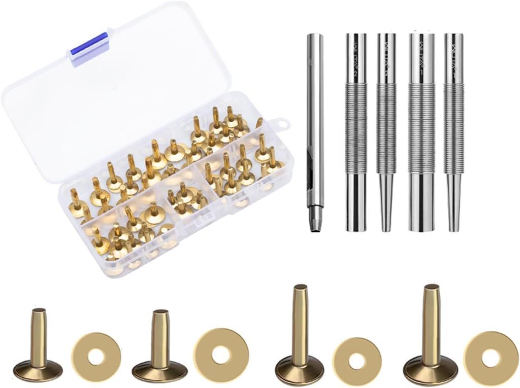 WUTA Leather Craft Rivet Set with Copper Rivets for DIY Handmade Leather and Rivet Punching Tools 83-Piece Belts, Fabric, Crafts, (Brass)