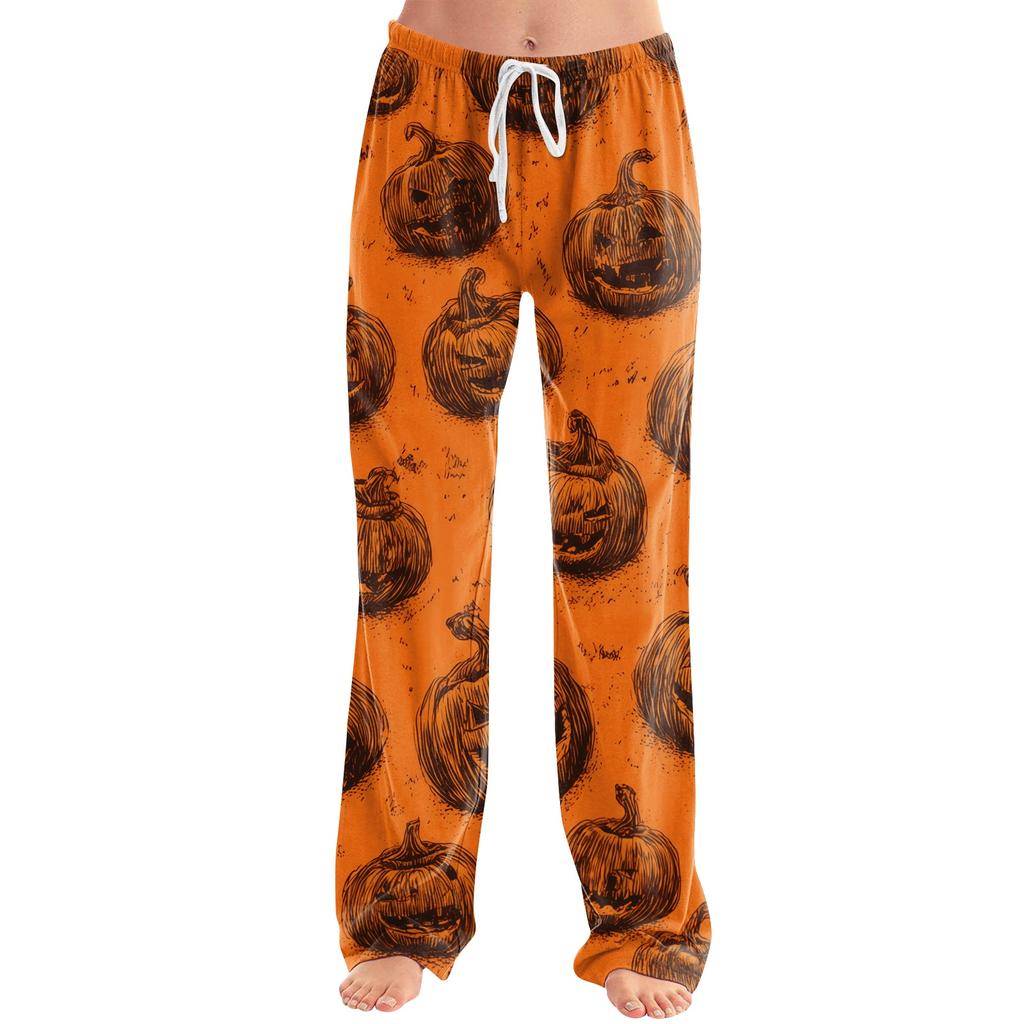 Women's Drawstring Lounge Pants Halloween Print Casual Loose Fit Full Length Elastic Waistband Pajama Bottoms