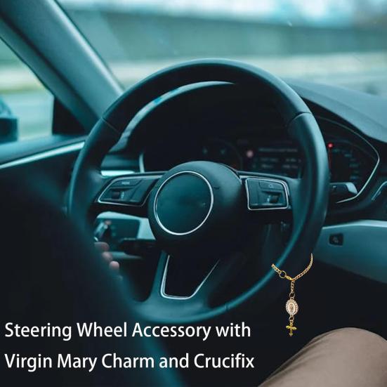 Steering Wheel Rosary Pendant Charm Catholic Rosary Hanging Pendant Virgin Mary Cross Hanging Accessory