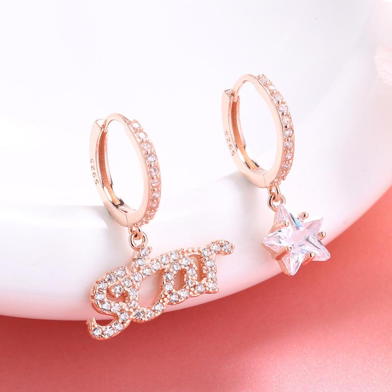 

Pentagram Shining Ear Buckle Korean Version Temperament Personality Asymmetrical Letters Full of Diamond Earrings Women