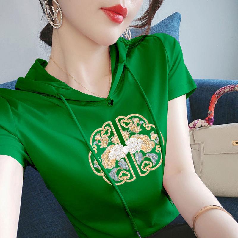 

Women s Ethnic-Style Hooded Cotton T-shirt - Short Sleeve, Casual, Loose Fit M [Recommended Weight: 40-50 kg]