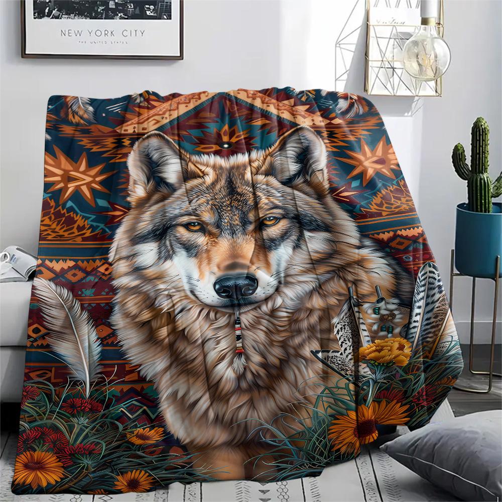 Koc Flanelowy z Nadrukiem Wilka, Wysokiej Jakości, Wygodny na Wszystkie Pory Roku, Wystrój Domu, Ciepło i Komfort, Idealny na Prezenty Świąteczne
