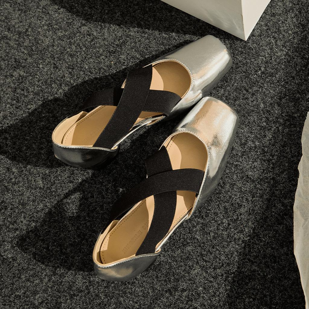 Leather ballet shoes hollow sandals women's summer wear retro style square head thick heel light mouth Mary Jane single shoes women