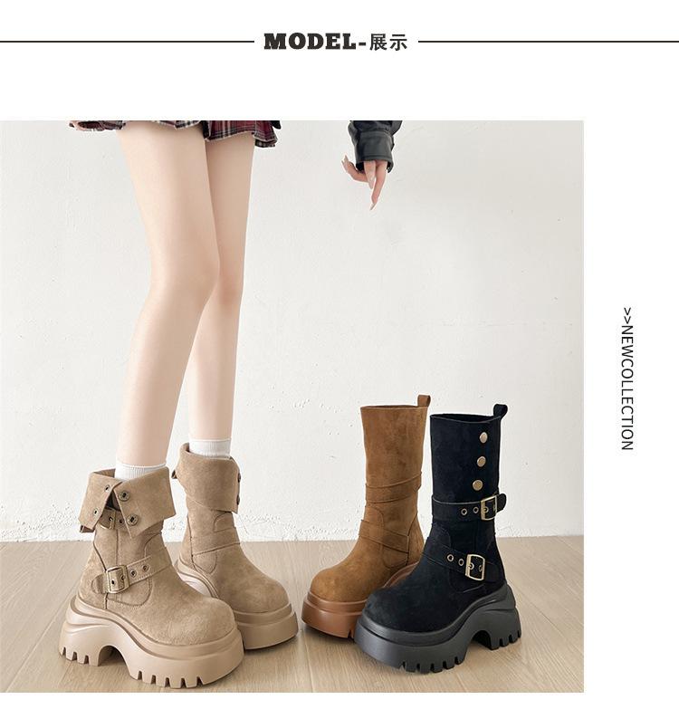 Brown retro thick-soled thick-heeled heightened medium boots children's summer 2025 new skirt versatile and thin Martin boots