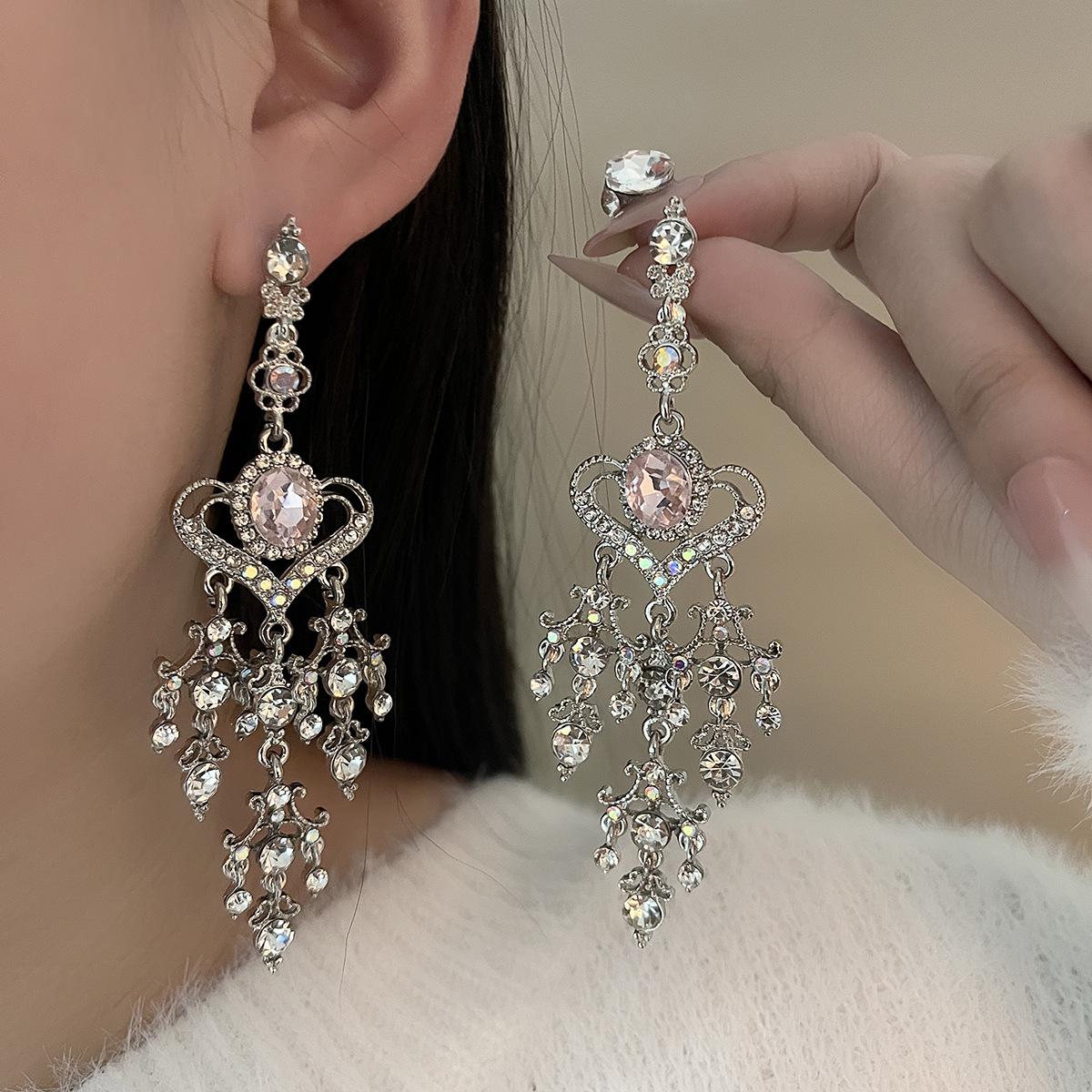 Silver Needle Pink Rhinestone Heart & Water Drop Tassel Earrings - Baroque Style for Women