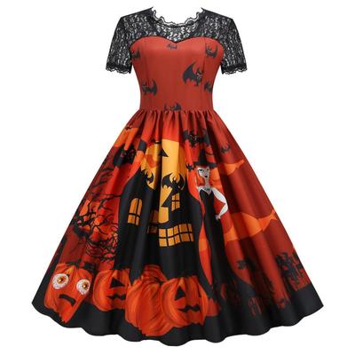 Frauen Halloween Spitze Patchwork Gedruckt Slim Fit Kurzarm Big Swing Kleid