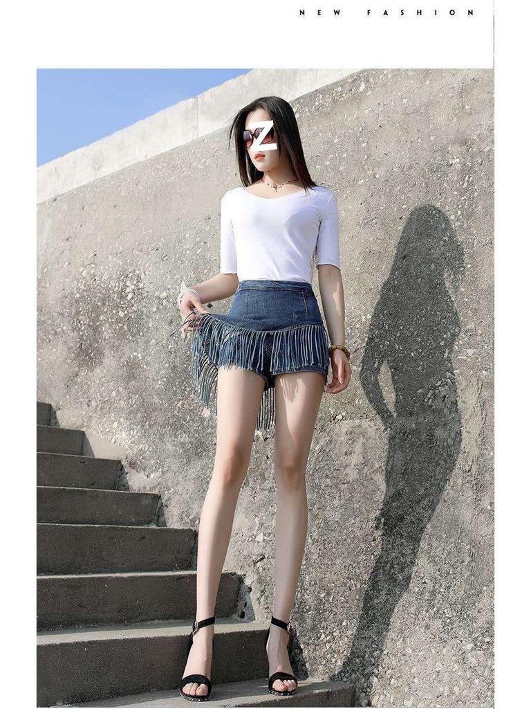 2026 High-Waisted Fringed Denim Midi Bodycon Skirt for Women - Spring/Summer Fake Two-Piece Design