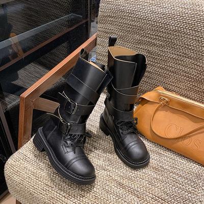 Vintage Leder Martin Stiefel Damen neue mittelhohe dünne Stiefel Gürtelschnalle Lokomotivstiefel Rindsleder dicke Sohle dicker Absatz
