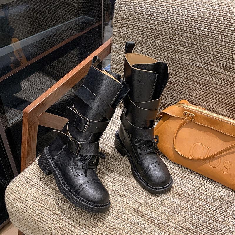 Vintage leather Martin boots women's new medium tube thin boots belt buckle locomotive boots cowhide thick sole thick heel