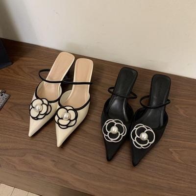 Lüks Sivri Burun Topuklu Ayakkabılar Tasarımcı Çiçekli Sandaletler Kadın Zarif Moda Sığ Terlikler Ayakkabılar Kadın Sandaletleri Yaz