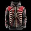 Halloween Herren 3D Skelett Hoodie Sweatshirts Punk Übertrieben Rundhals Club Streetwear Seeblau Rot Kordelzug Herbst Winter