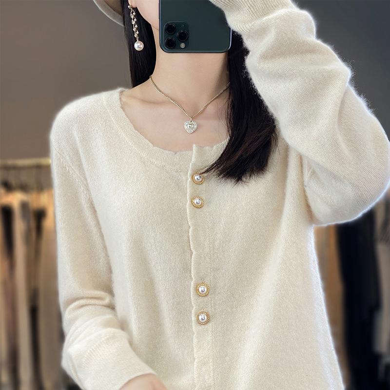 Wool Loose Pearl Button Round Neck Knit Sweater Cardigan New Spring Women's Versatile Jacket Top