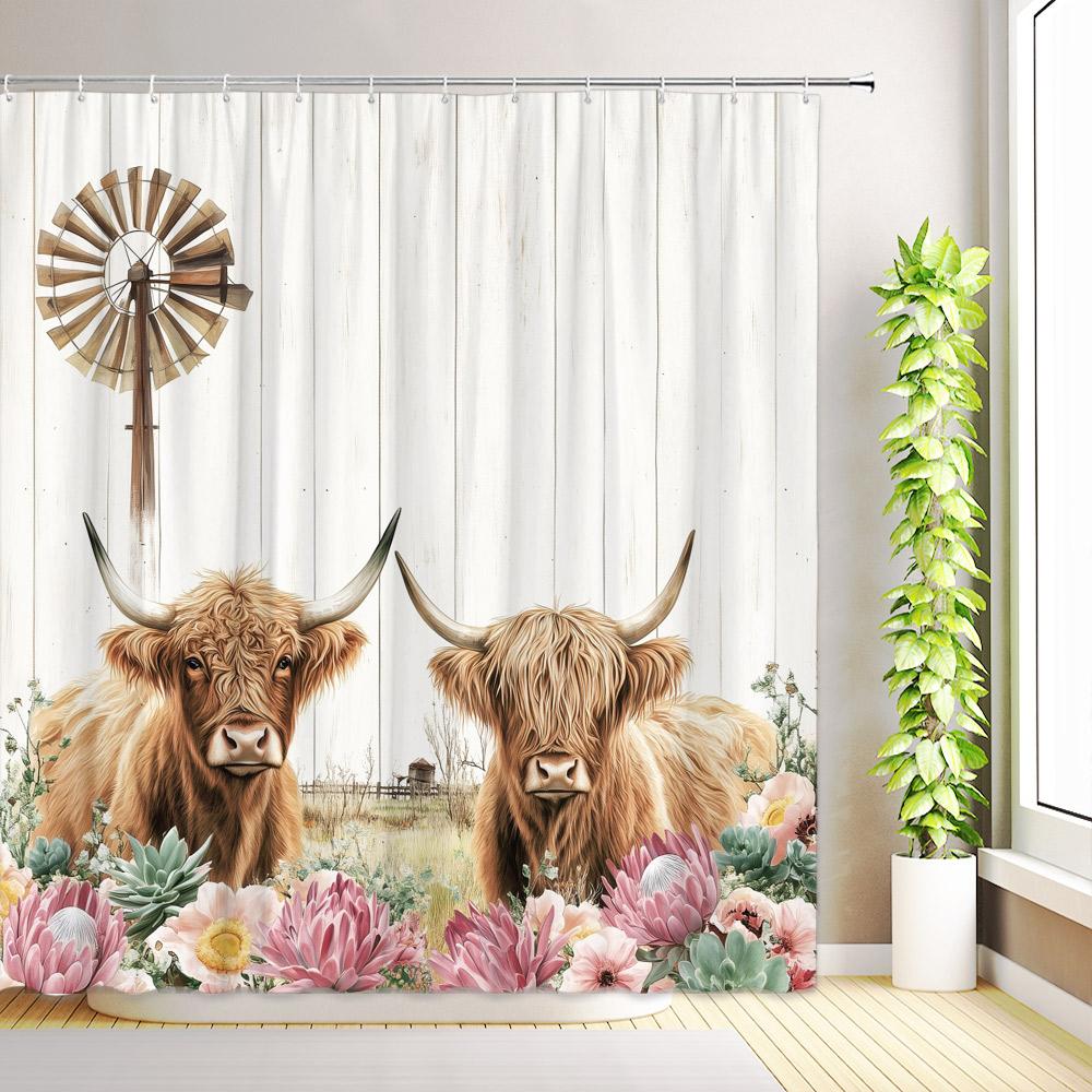 Cute Highland Cow Shower Curtain Funny Animals Rustic Farmhouse Cattle Butterfly Pink Flower Plants Cowboy Boots Bathroom Decor
