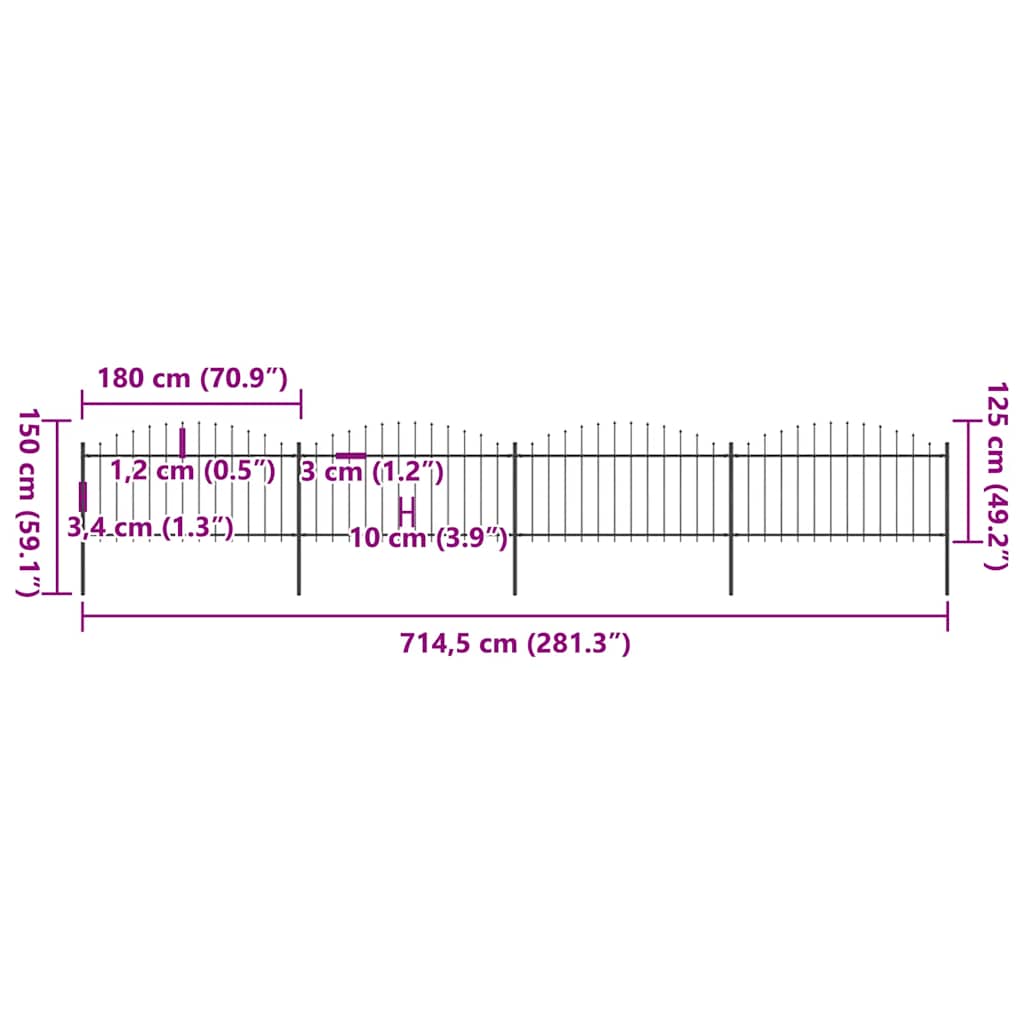 Spear Tip Garden Fence Steel 714.5 x 150 cm Black