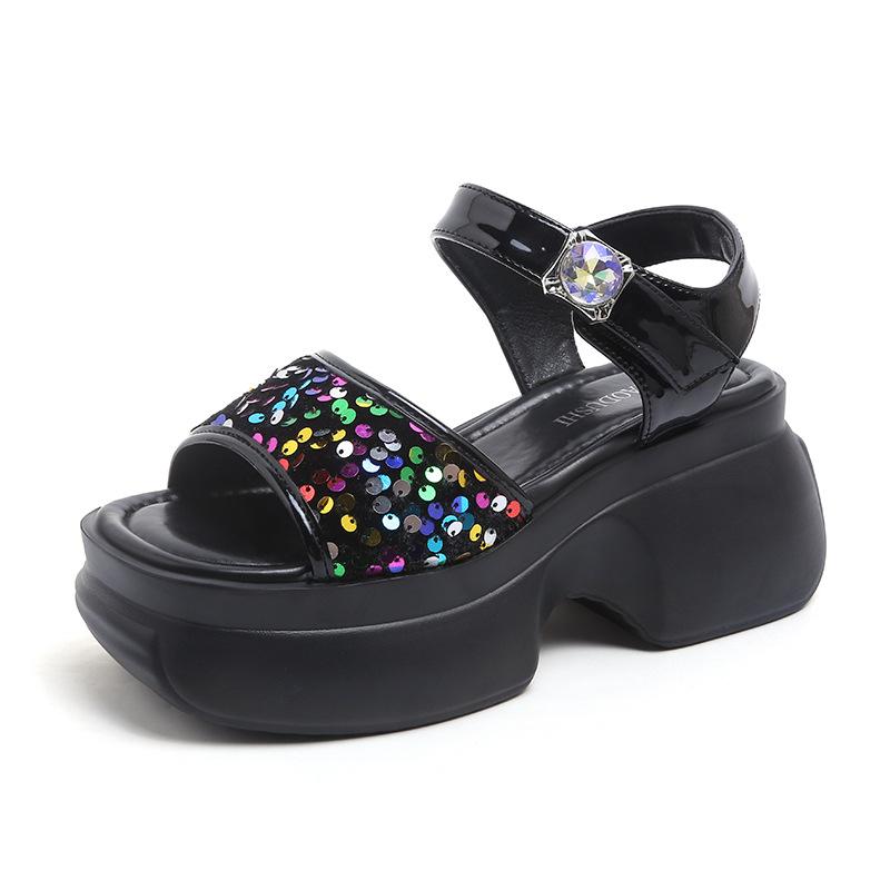 Summer Sandals Thick-soled Sequined Shoes for Women 2025 Summer New Fashion Versatile with Diamond Buckle Ladies High Heels