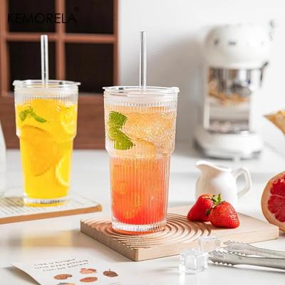 1/2 Stück 600 ml Florale Glastrinkbecher Kaffeetasse mit Deckel und Strohhalm Transparente Trinkgläser für Saft Kaffeetassen Trinkgeschirr