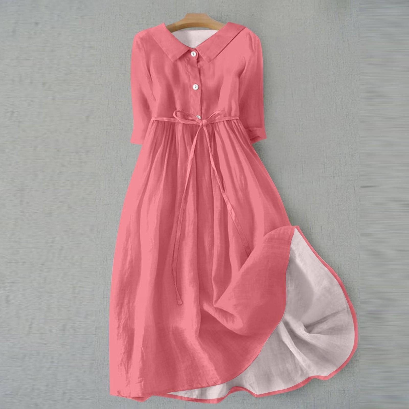 

Женская мода повседневное однотонное платье с воротником с лацканами и рукавами 3/4 на бретелях XXXL розовый