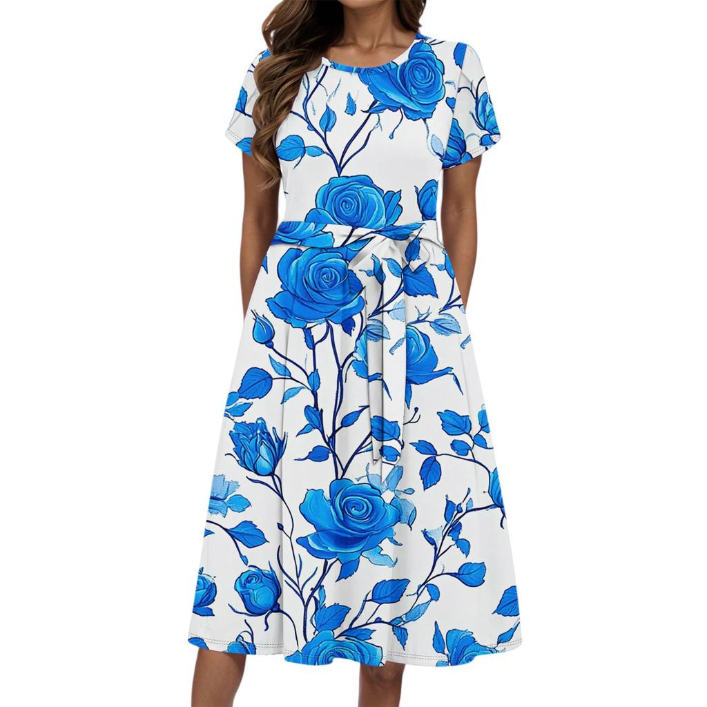 Women's Summer Fashion Round Neck Casual Plant Floral Print Short Sleeve Dress