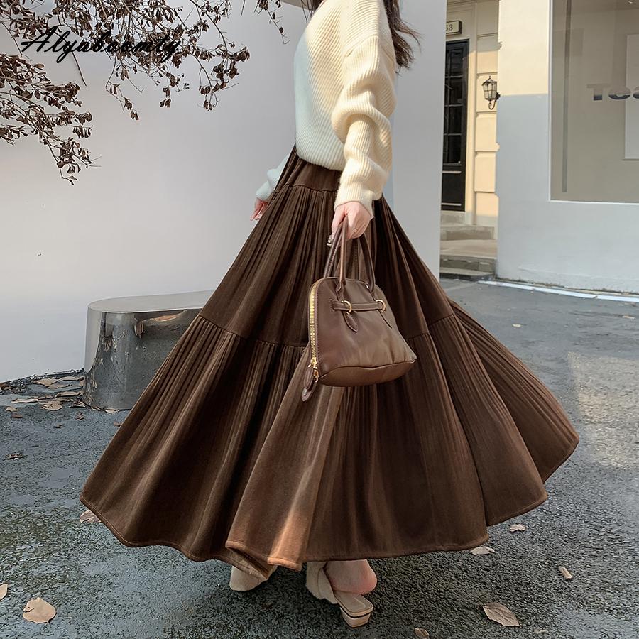 

Корейская Мода Осень Зима Женская Бархатная Юбка Эластичная Талия Черный Бежевый Коричневый Фиолетовый Юбка Миди Элегантная Плиссированная Женская Юбка Женская One Size коричневый